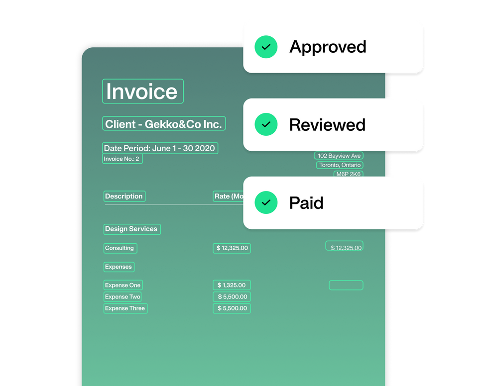 an image of an invoice with checkmarks highlighting that with payhawk you can mark the invoice as approved, reviewed and paid